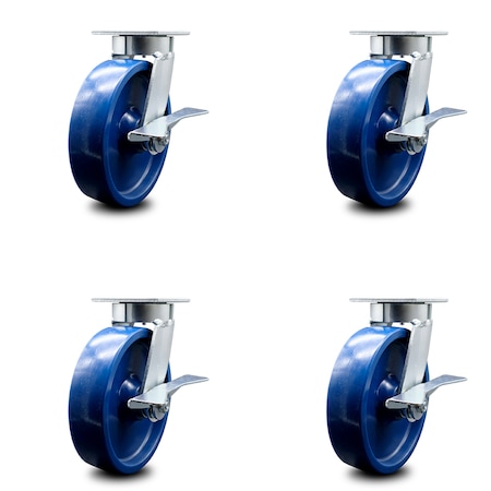 Service Caster 8 Inch Kingpinless Solid Poly Wheel Swivel Caster Set with Brakes SCC-KP30S820-SPUR-SLB-4